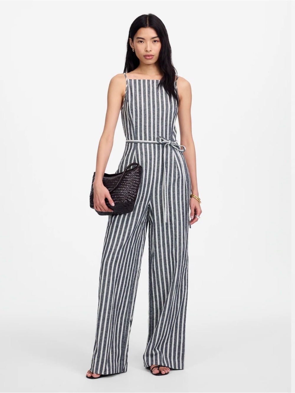 NWT Madewell Navy White Pleated Wide-Leg Jumpsuit Pinstriped Linen Size 10